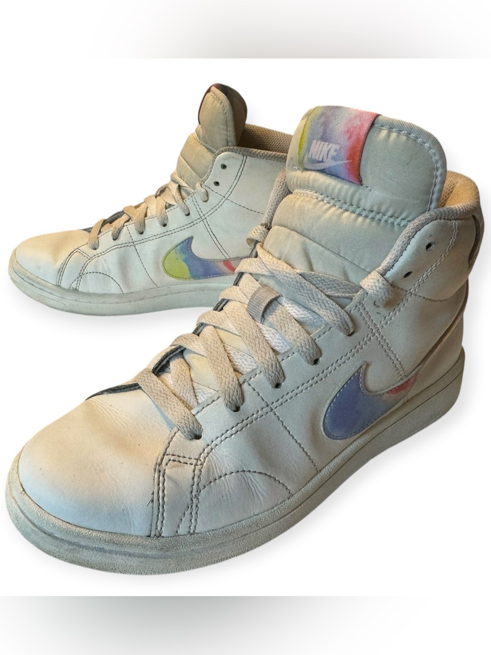 Nike Women’s High-Top Sneakers in Cream with Pastel Multi-Color Swoosh